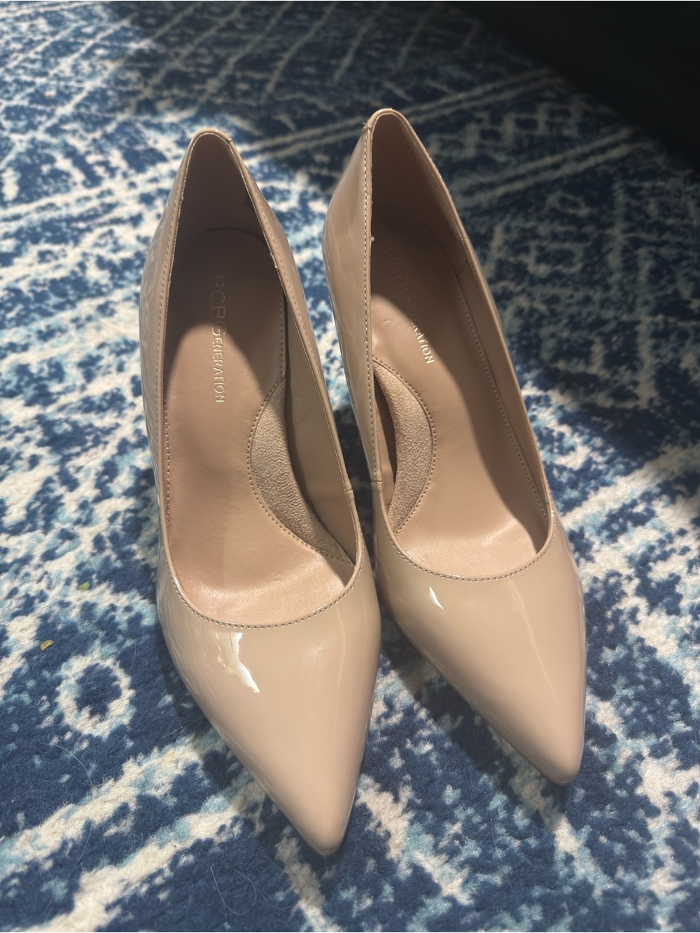 BCBGeneration Beige Patent Pointed-Toe Pumps